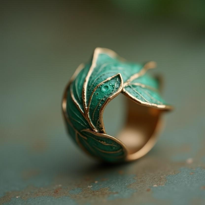 Anillo diseñado con forma de hoja curvada esmaltada
